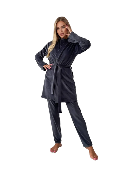 Women Three Piece Pajama Set Dark Gray Soft Stretch Loungewear Robe Pants Top