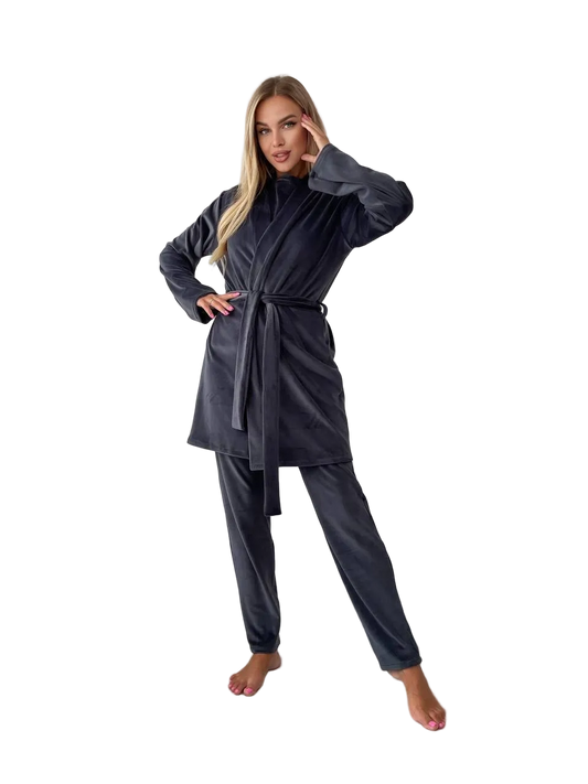Women Three Piece Pajama Set Dark Gray Soft Stretch Loungewear Robe Pants Top