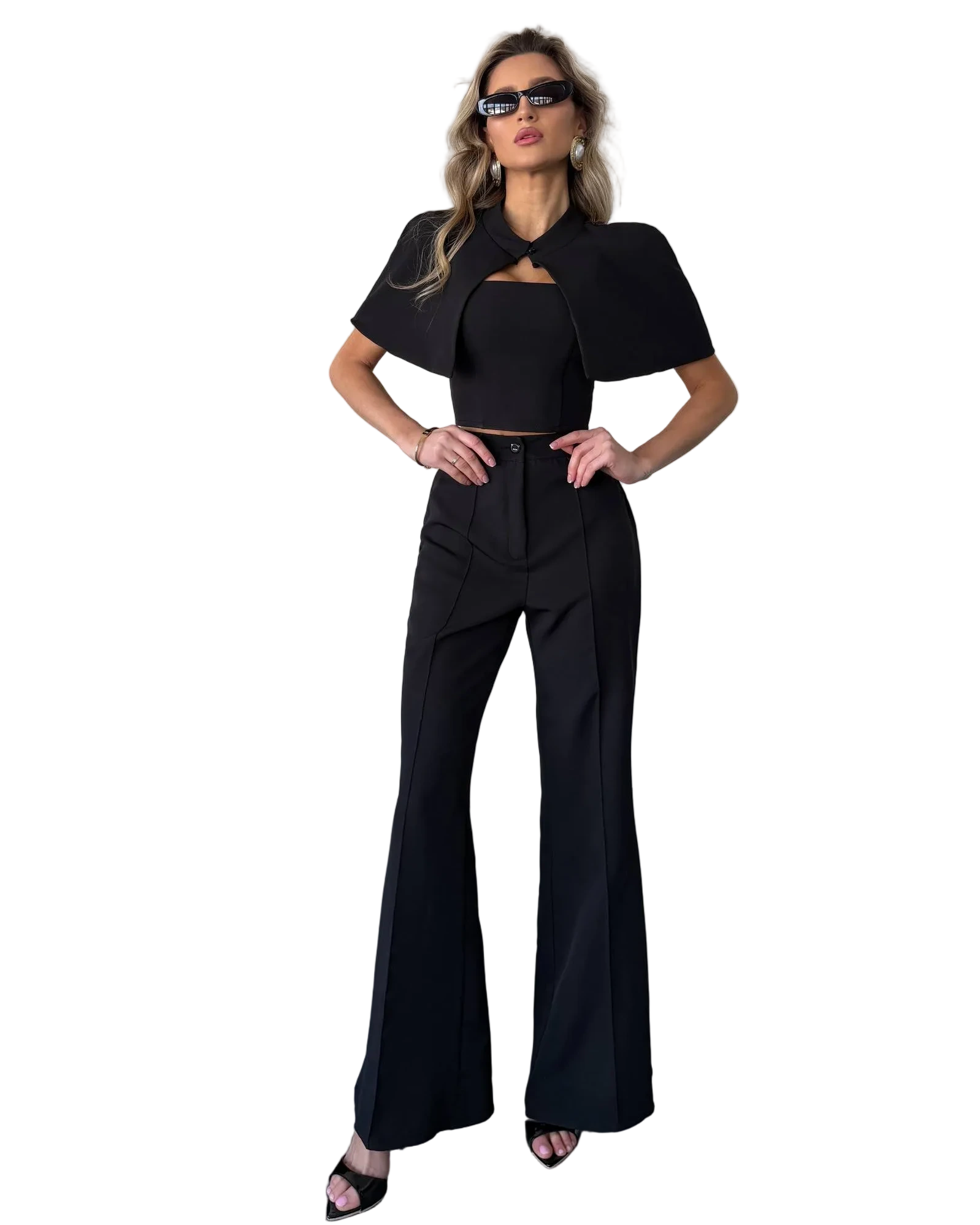 Womens Black Three Piece Suit Cape Top Trousers Tailored Formal Set