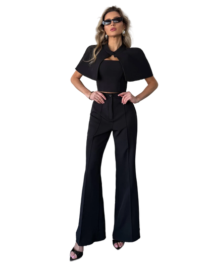 Womens Black Three Piece Suit Cape Top Trousers Tailored Formal Set
