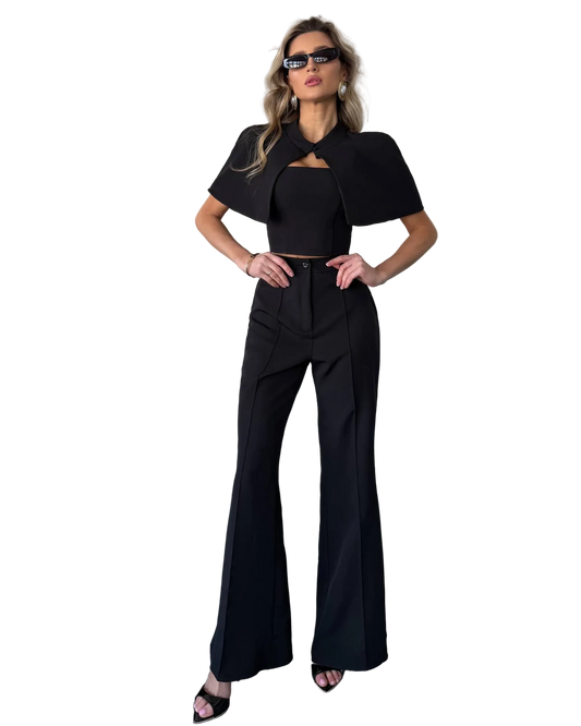 Womens Black Three Piece Suit Cape Top Trousers Tailored Formal Set