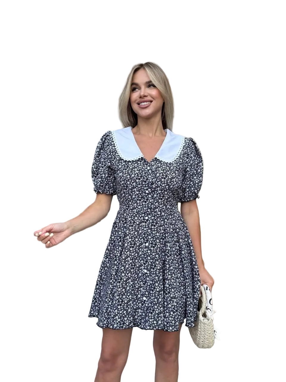 Black Floral Summer Dress with White Peter Pan Collar Puff Sleeves