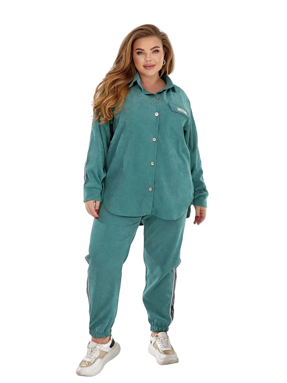 Teal Womens Two Piece Casual Suit Button Up Shirt Jogger Pants