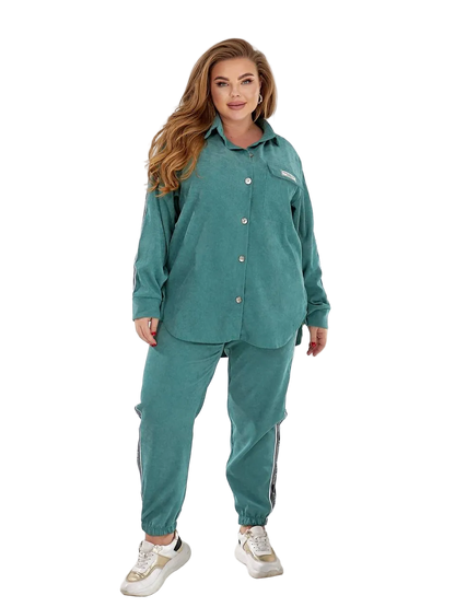 Teal Womens Two Piece Casual Suit Button Up Shirt Jogger Pants