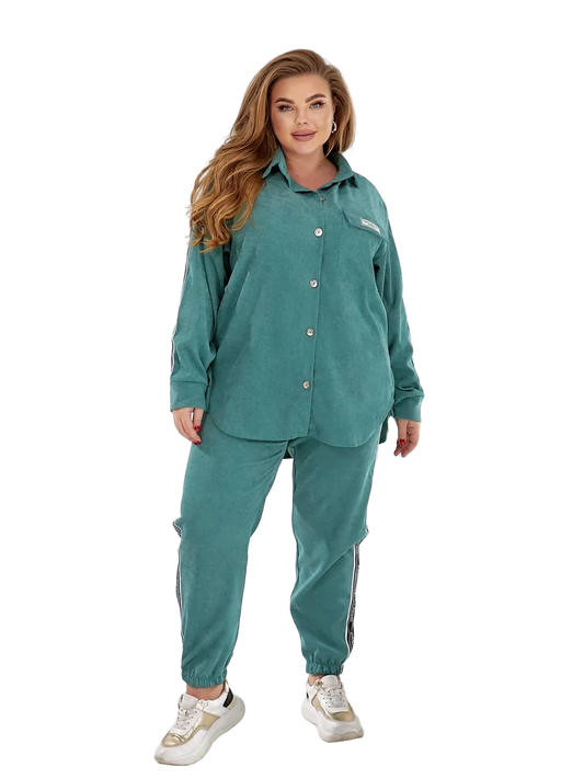 Teal Womens Two Piece Casual Suit Button Up Shirt Jogger Pants