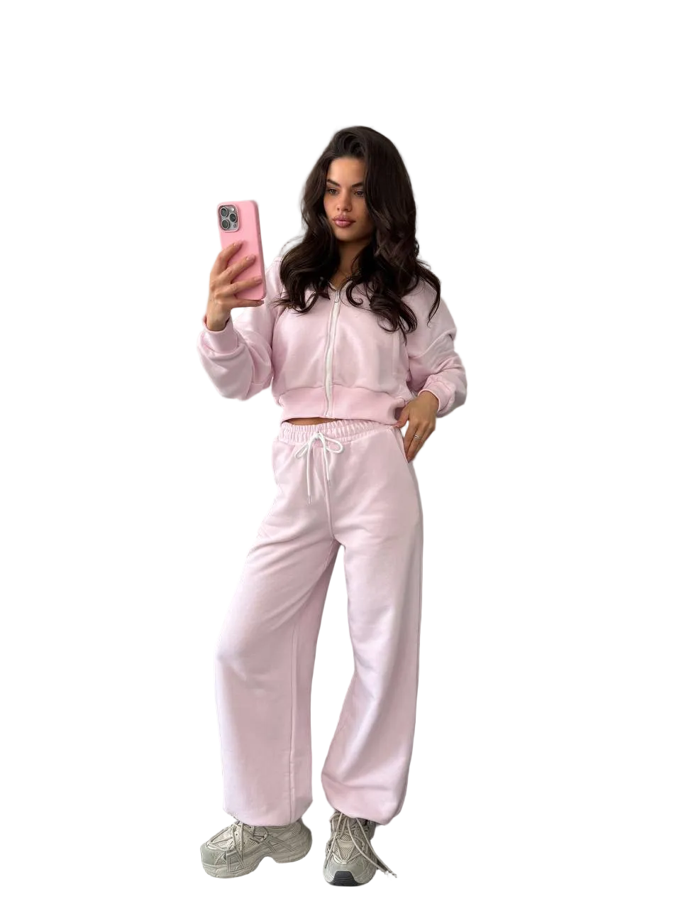 Womens Pink Tracksuit Zip Hoodie Drawstring Pants Loungewear