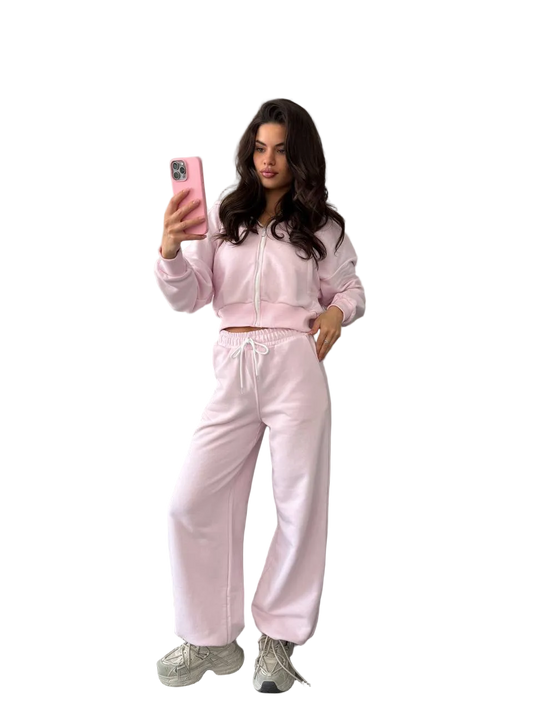 Womens Pink Tracksuit Zip Hoodie Drawstring Pants Loungewear