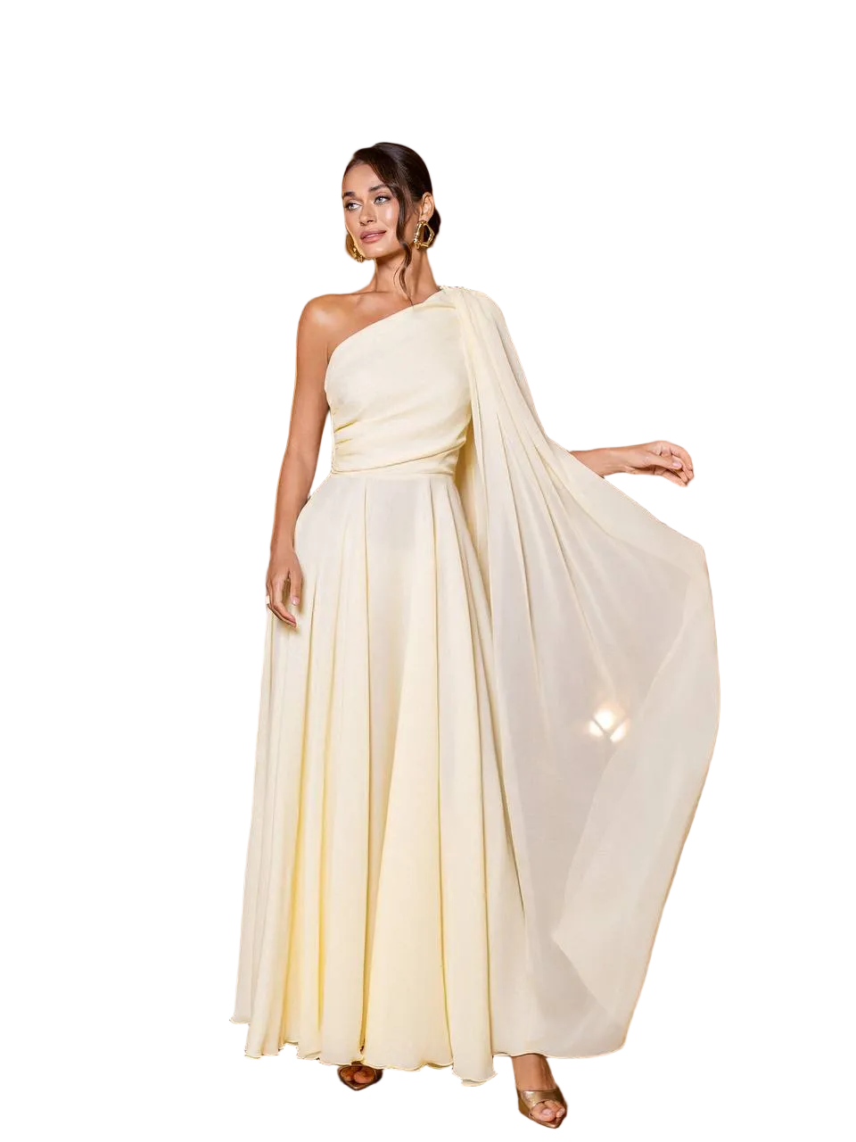 Pale Yellow One Shoulder Chiffon Evening Gown Floor Length