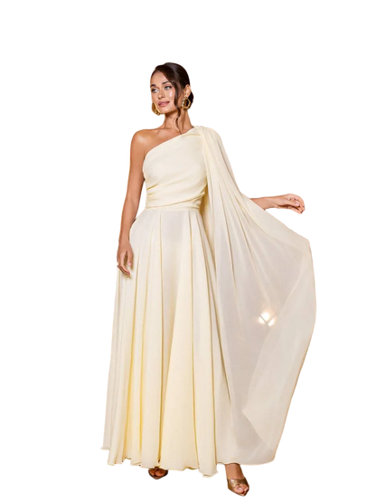 Pale Yellow One Shoulder Chiffon Evening Gown Floor Length
