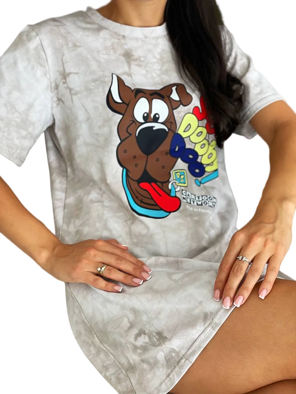 Women T Shirt Dress Beige Tie Dye Cartoon Dog Print Summer Casual Tee Dress