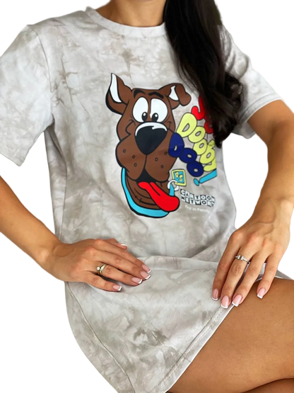 Women T Shirt Dress Beige Tie Dye Cartoon Dog Print Summer Casual Tee Dress