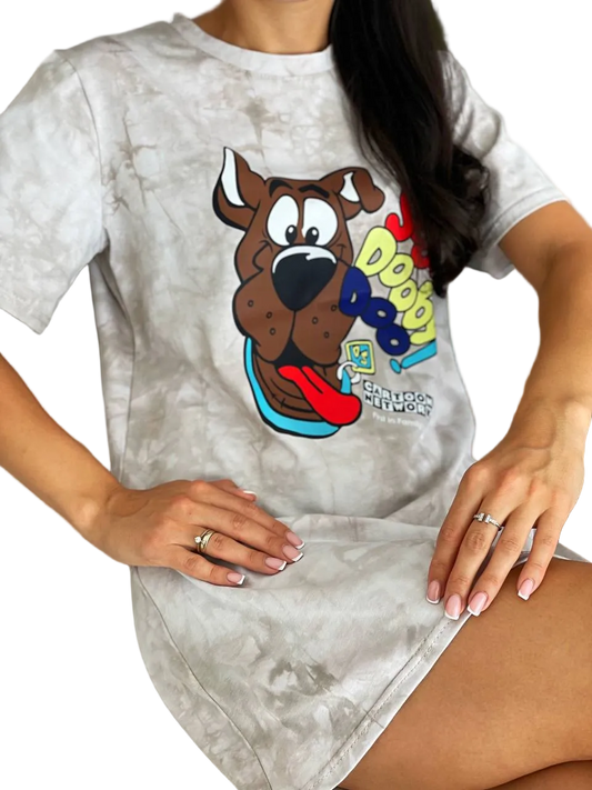 Women T Shirt Dress Beige Tie Dye Cartoon Dog Print Summer Casual Tee Dress