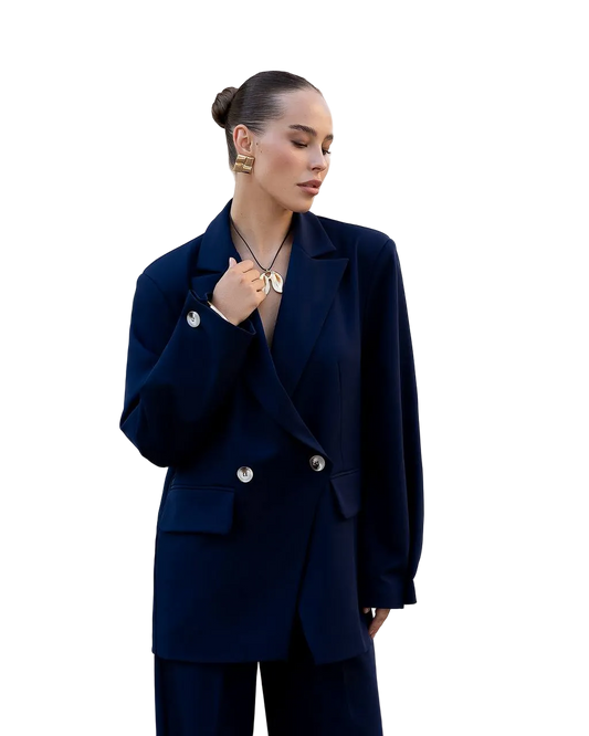 Womens Navy Crepe Diagonal Double Breasted Blazer