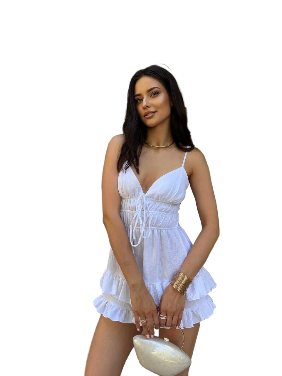 White Muslin Jumpsuit Women Spaghetti Strap Summer Romper Ruffle Hem