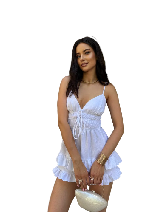 White Muslin Jumpsuit Women Spaghetti Strap Summer Romper Ruffle Hem