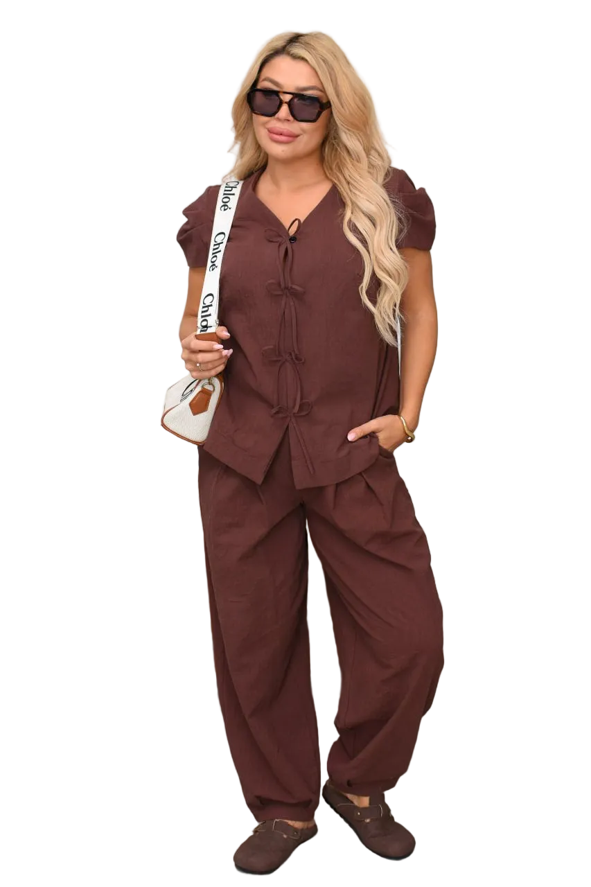 Brown Crinkled Linen Two Piece Suit Women Short Sleeve Jacket Wide Leg Pants