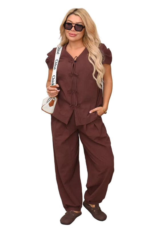 Brown Crinkled Linen Two Piece Suit Women Short Sleeve Jacket Wide Leg Pants