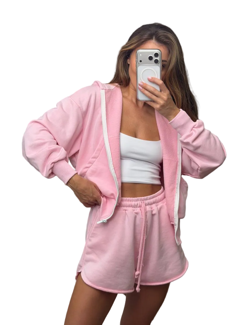 Women Two Piece Pink Cotton Loungewear Set Hoodie Shorts