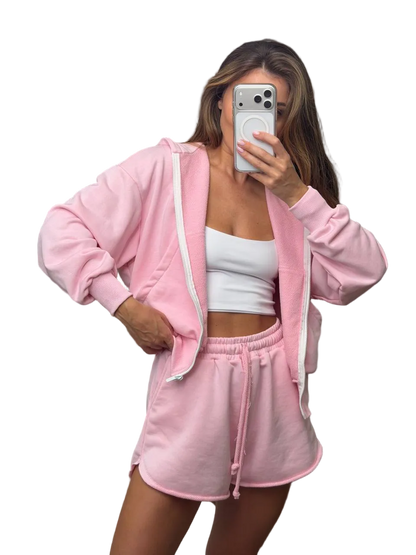 Women Two Piece Pink Cotton Loungewear Set Hoodie Shorts