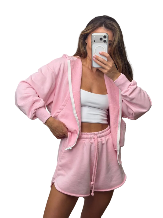 Women Two Piece Pink Cotton Loungewear Set Hoodie Shorts