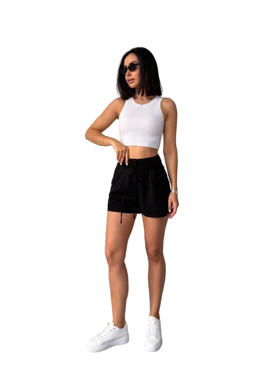 Black Linen Women Loose Fit Shorts Side Pockets Waist Tie