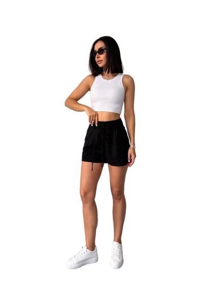 Black Linen Women Loose Fit Shorts Side Pockets Waist Tie