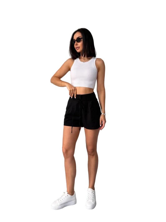 Black Linen Women Loose Fit Shorts Side Pockets Waist Tie