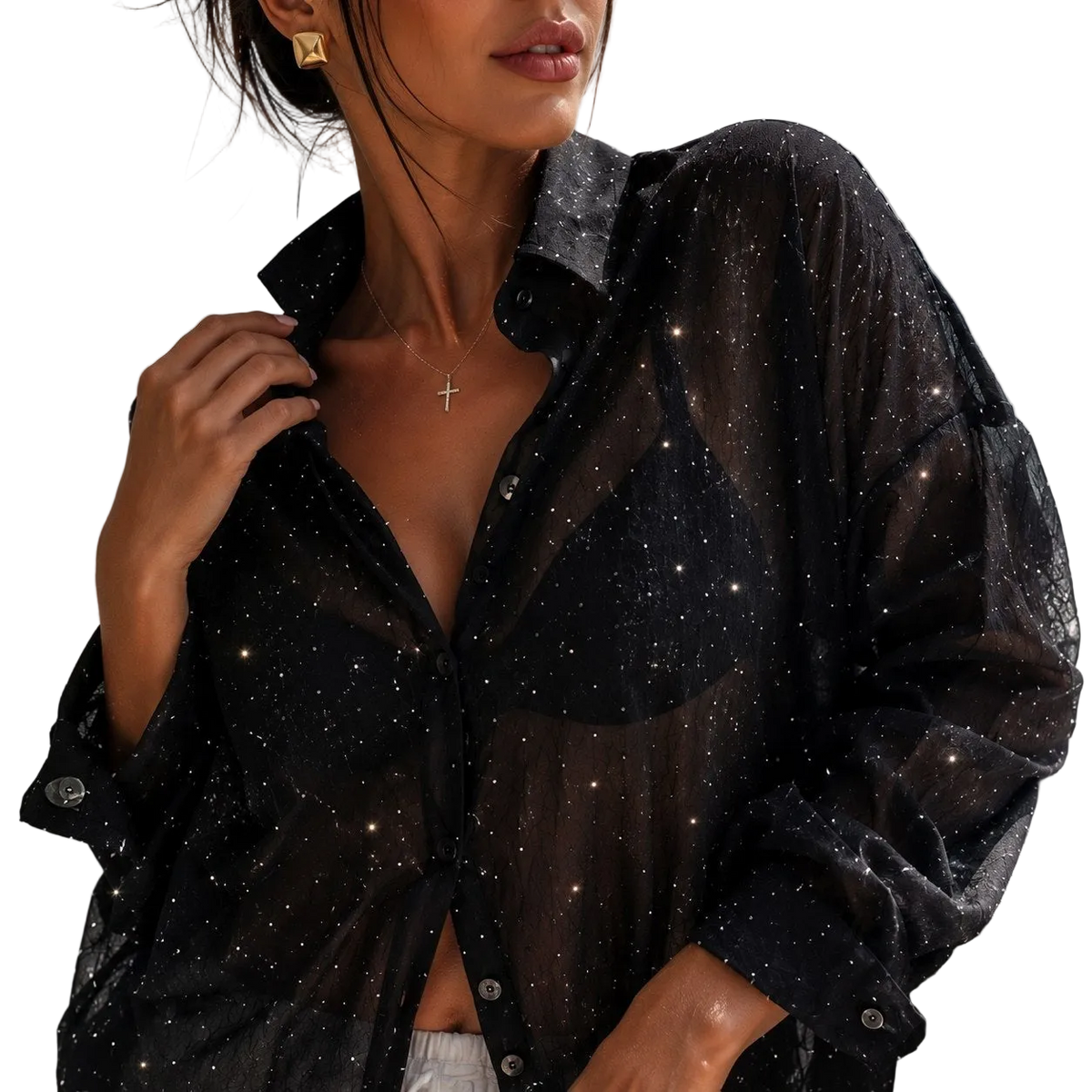 Black Sheer Gauze Oversized Shirt with Crystals