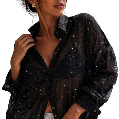 Black Sheer Gauze Oversized Shirt with Crystals