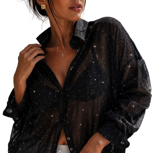 Black Sheer Gauze Oversized Shirt with Crystals