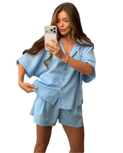 Light Blue Linen Two Piece Suit for Women Shirt and Shorts Set Summer Casual