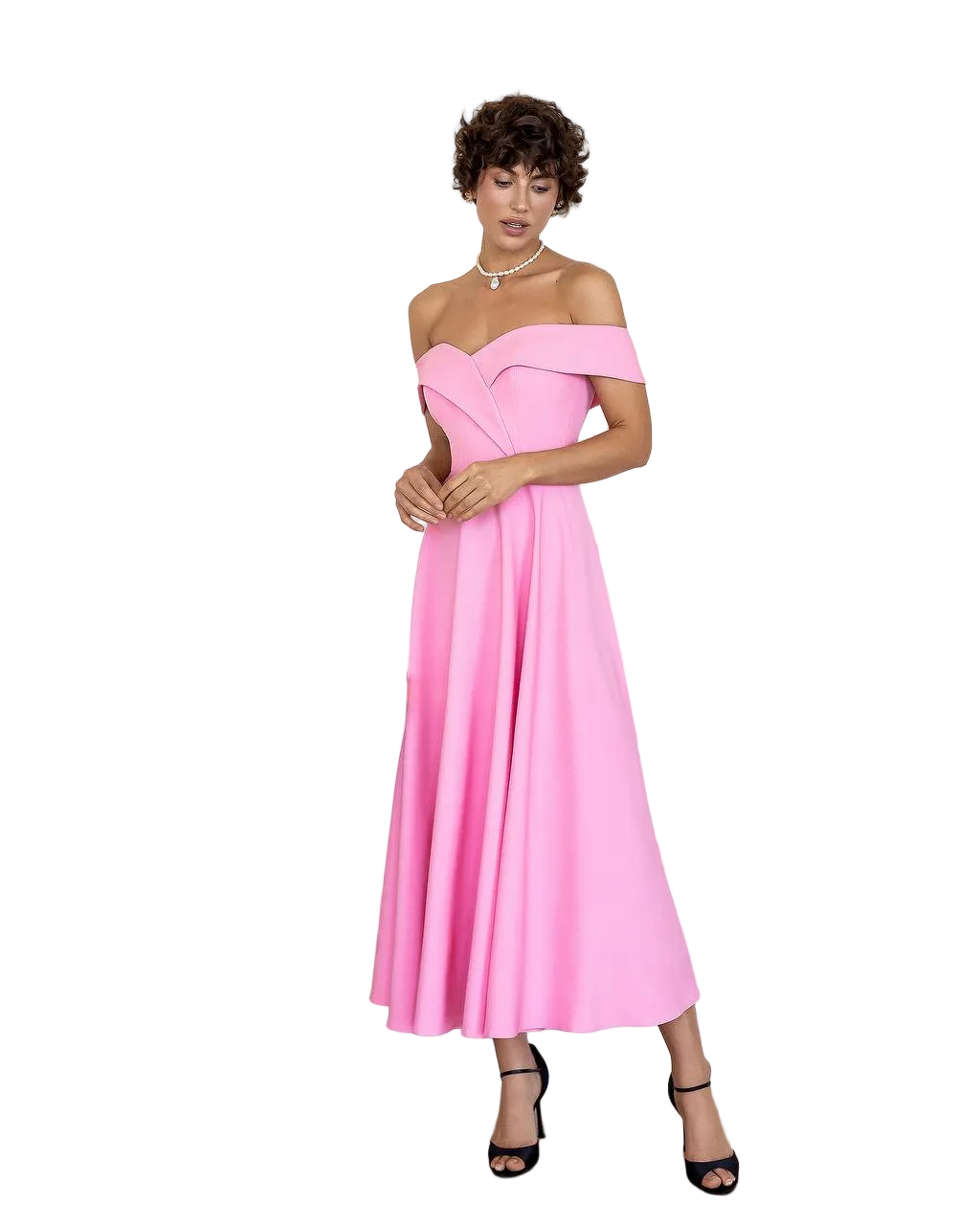 Off Shoulder Pink Midi Dress Premium Suiting Fabric Elegant Evening