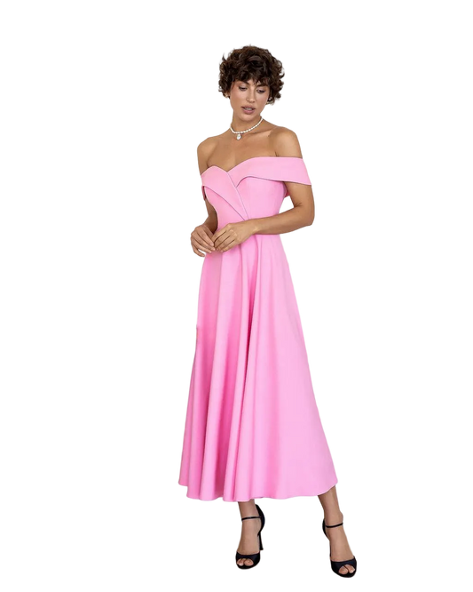 Off Shoulder Pink Midi Dress Premium Suiting Fabric Elegant Evening