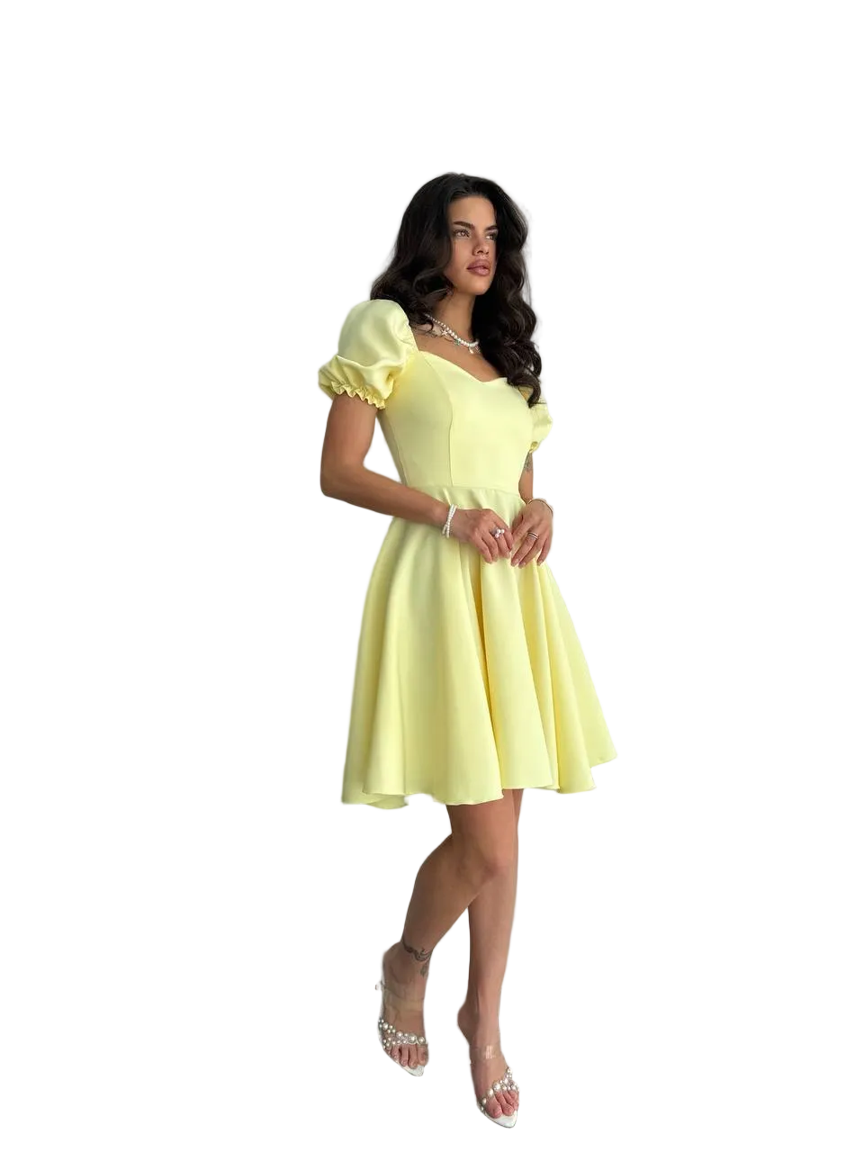 Yellow Fit and Flare Puff Sleeve Dress Womens Summer Party Dress