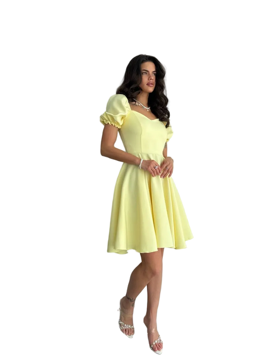 Yellow Fit and Flare Puff Sleeve Dress Womens Summer Party Dress