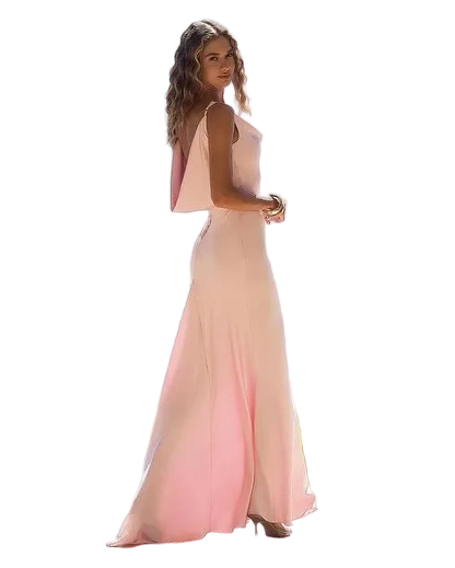Blush Pink Satin Evening Gown Floor Length Back Drape
