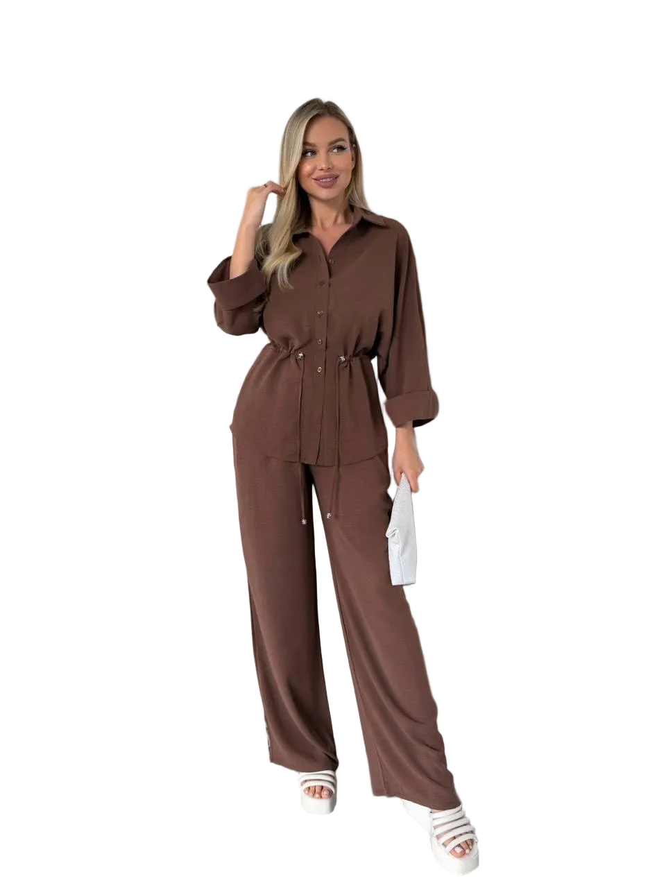 Brown Women Two Piece Suit Krep Zhatka Drawstring Waist Button Shirt Wide Leg Pants