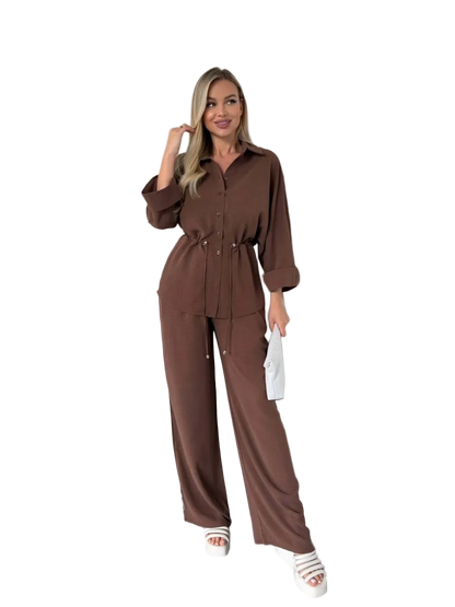 Brown Women Two Piece Suit Krep Zhatka Drawstring Waist Button Shirt Wide Leg Pants