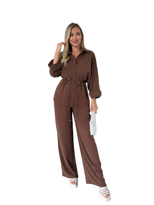 Brown Women Two Piece Suit Krep Zhatka Drawstring Waist Button Shirt Wide Leg Pants