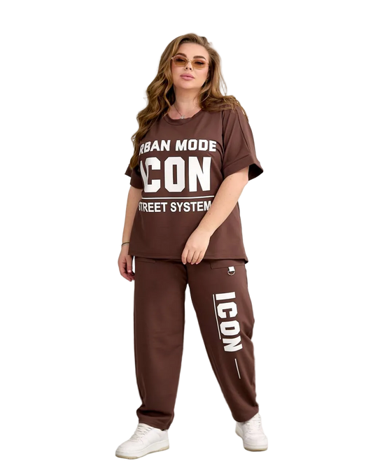 Women Brown Tracksuit Icon Print Urban Streetwear Dvonitka