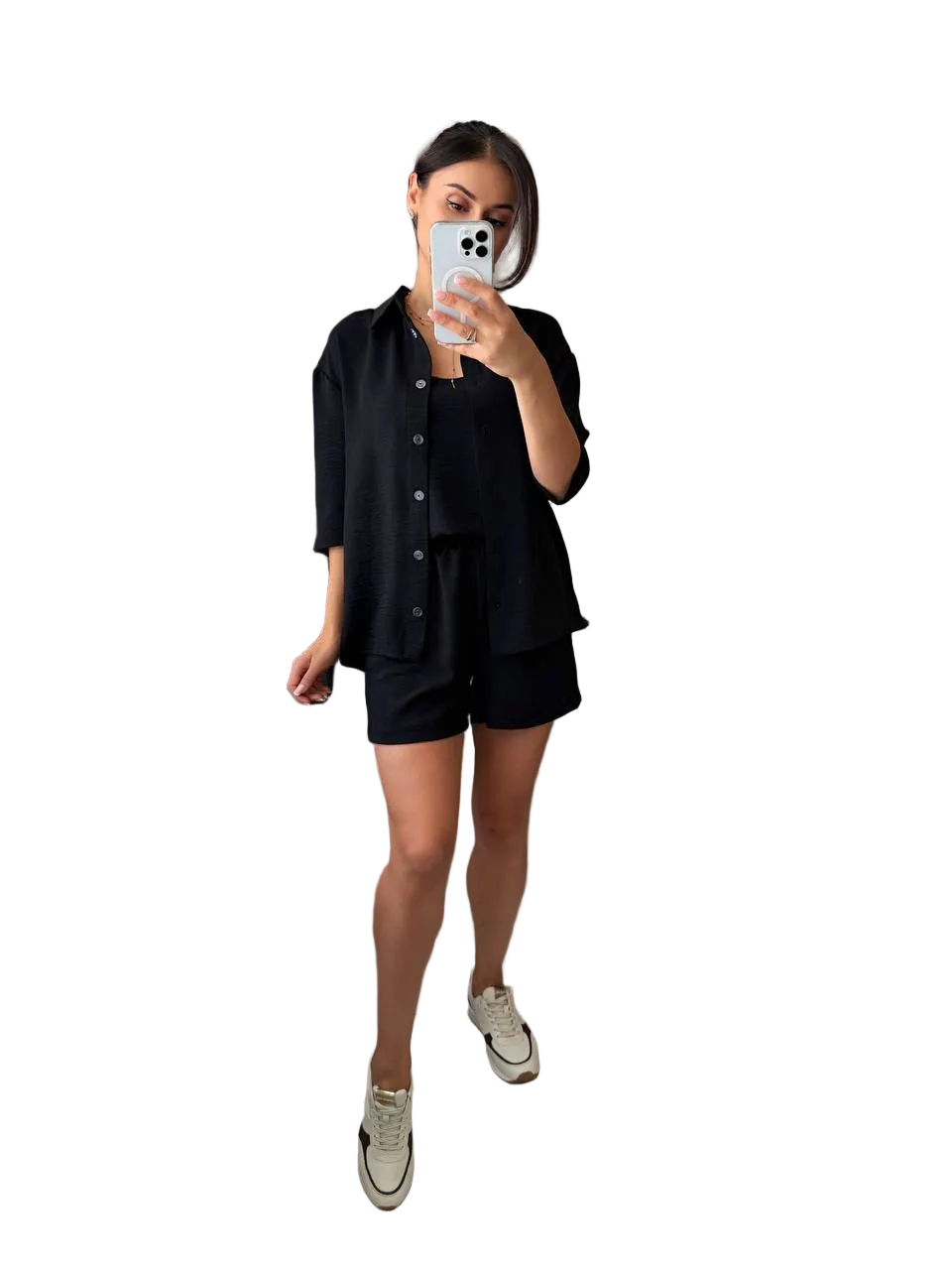 Womens Three Piece Suit Black Crepe Set Shorts Shirt Tank Top