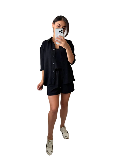 Womens Three Piece Suit Black Crepe Set Shorts Shirt Tank Top