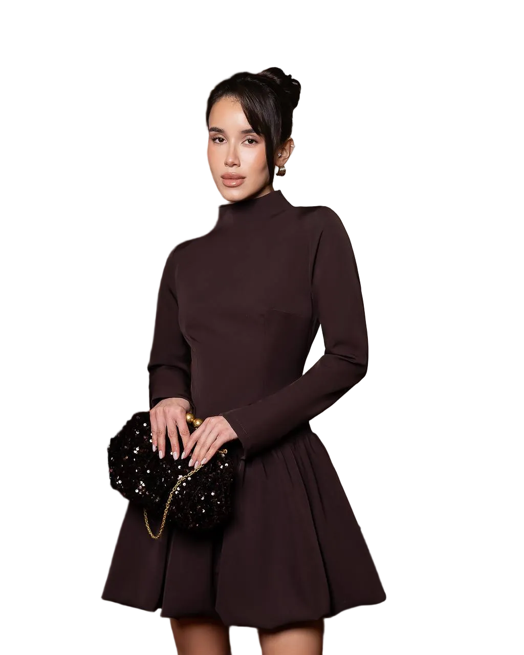 Chocolate High Neck Fit Flare Mini Dress Premium Diagonal Suiting Crepe