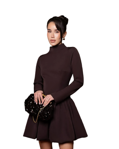 Chocolate High Neck Fit Flare Mini Dress Premium Diagonal Suiting Crepe