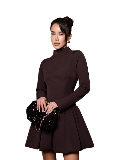 Chocolate High Neck Fit Flare Mini Dress Premium Diagonal Suiting Crepe