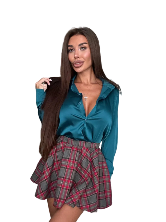 Teal Silk Blouse Womens Satin Shirt Long Sleeve Elegant Button Down