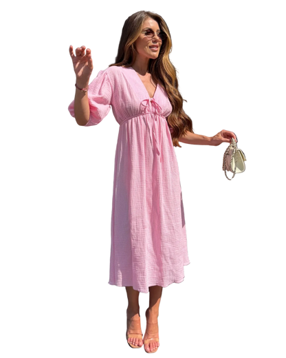 Pink Muslin Midi Dress Puff Sleeve Empire Waist Tie Front