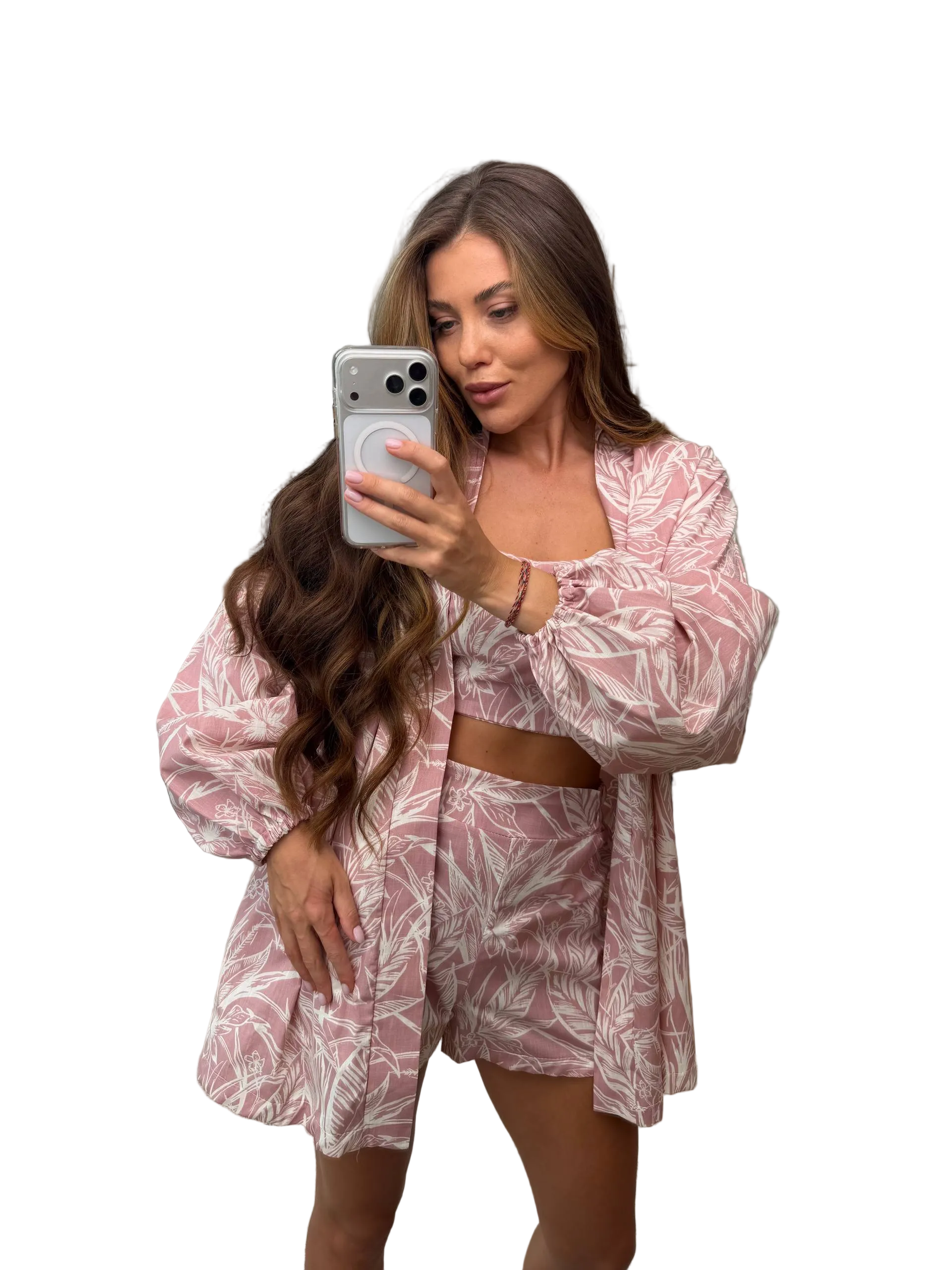 Pink Leaf Print Linen Three Piece Suit Women Summer Linen Set Shorts Top Overshirt