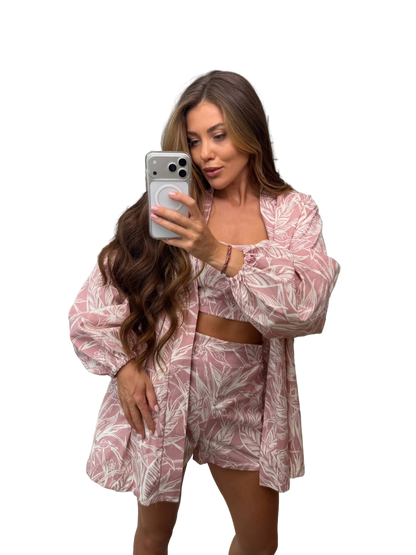 Pink Leaf Print Linen Three Piece Suit Women Summer Linen Set Shorts Top Overshirt