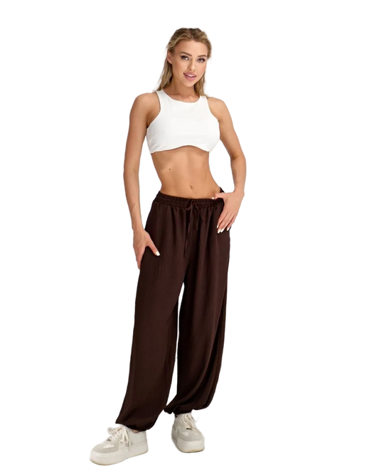 Brown Summer Wide Leg Trousers For Women Lightweight American Crepe Crinkle Elastic Waist Drawstring